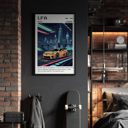 quadro com arte retro ilustrativa do carro Lexus LFA em moldura preta, exposto em uma parede escura com elementos industriais ao fundo