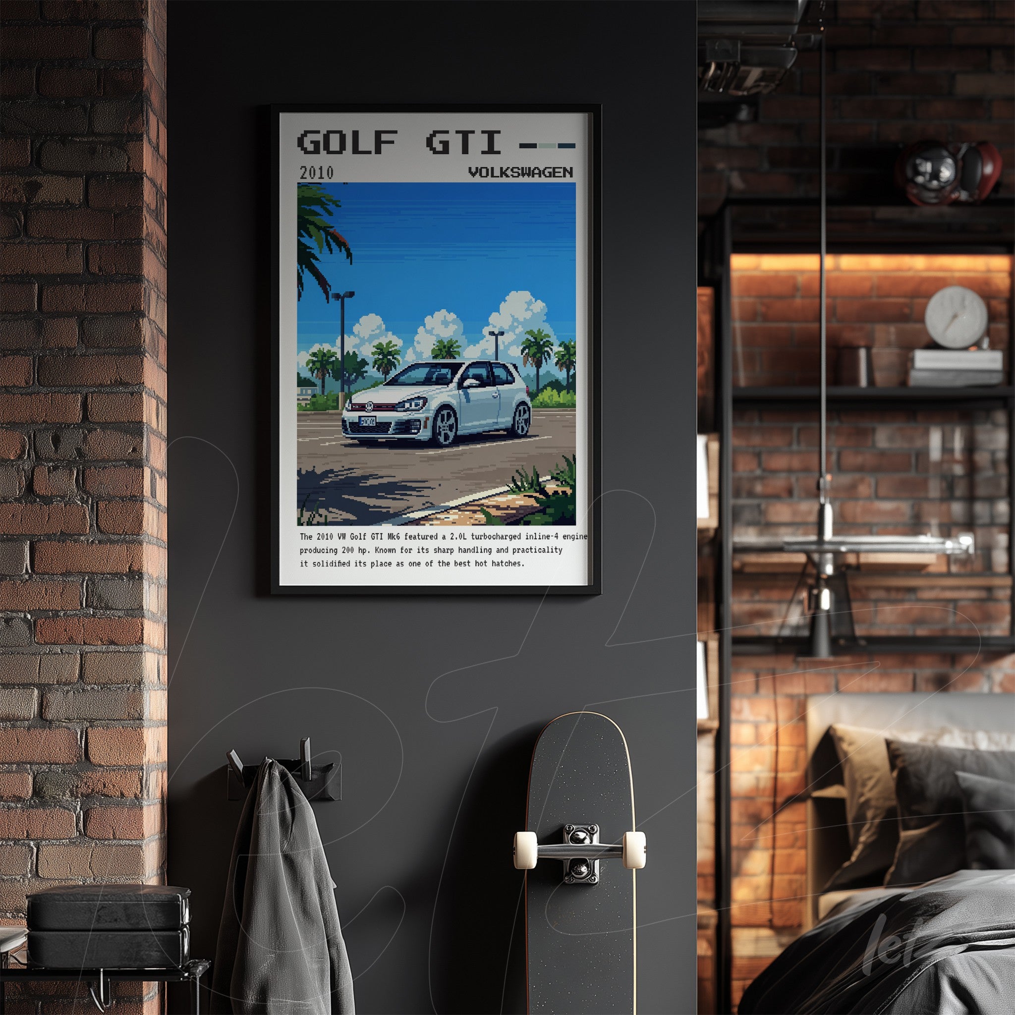 quadro com arte digital do carro Golf GTI 2010 em moldura preta sobre parede escura