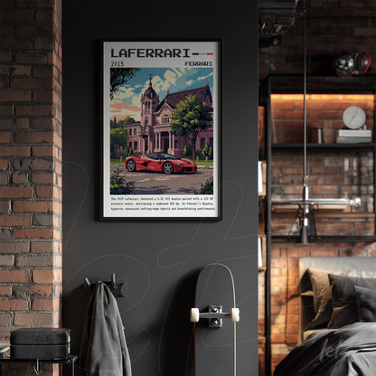 quadro com arte vintage do carro Ferrari LaFerrari em moldura preta, exibido em parede de tijolos expostos