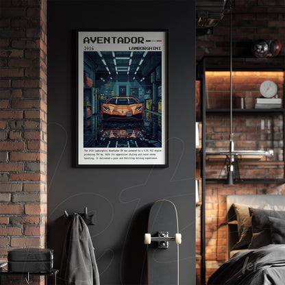 quadro de arte retrô do carro Lamborghini Aventador em moldura preta