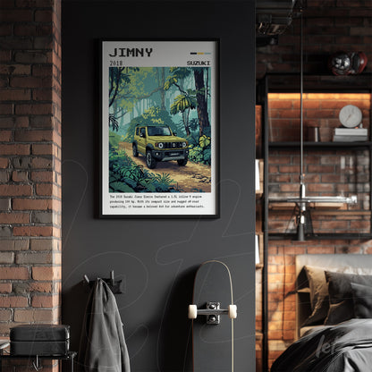 quadro com ilustração do carro Suzuki Jimny em uma floresta, moldura preta e fundo urban industrial