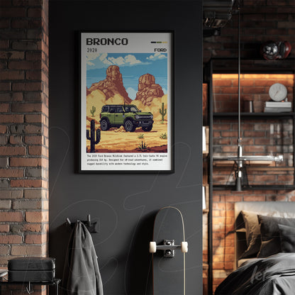 quadro em estilo pixel art retratando o Ford Bronco de 2020, com fundo desértico e cactos em uma moldura preta