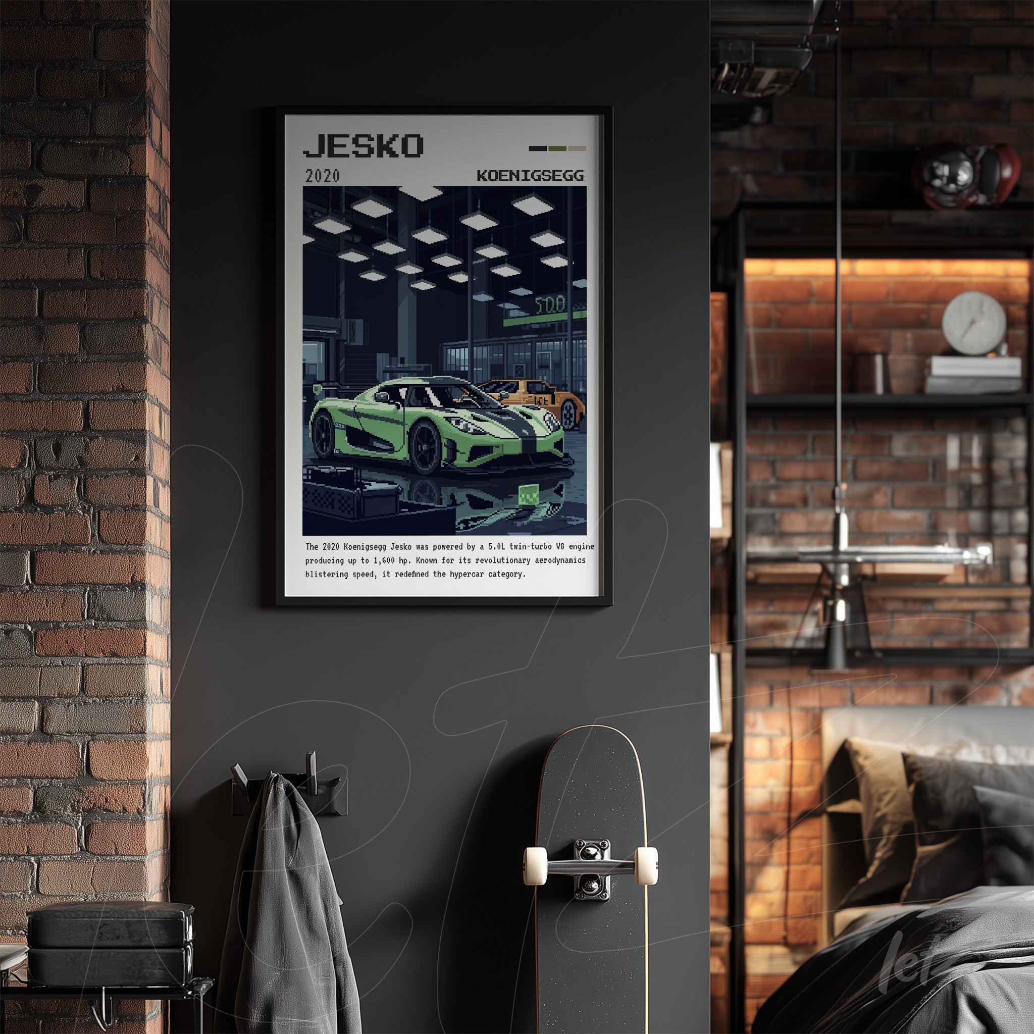 quadro com arte digital de um sports car Koenigsegg Jesko em moldura preta, exibição em parede escura com detalhes industriais