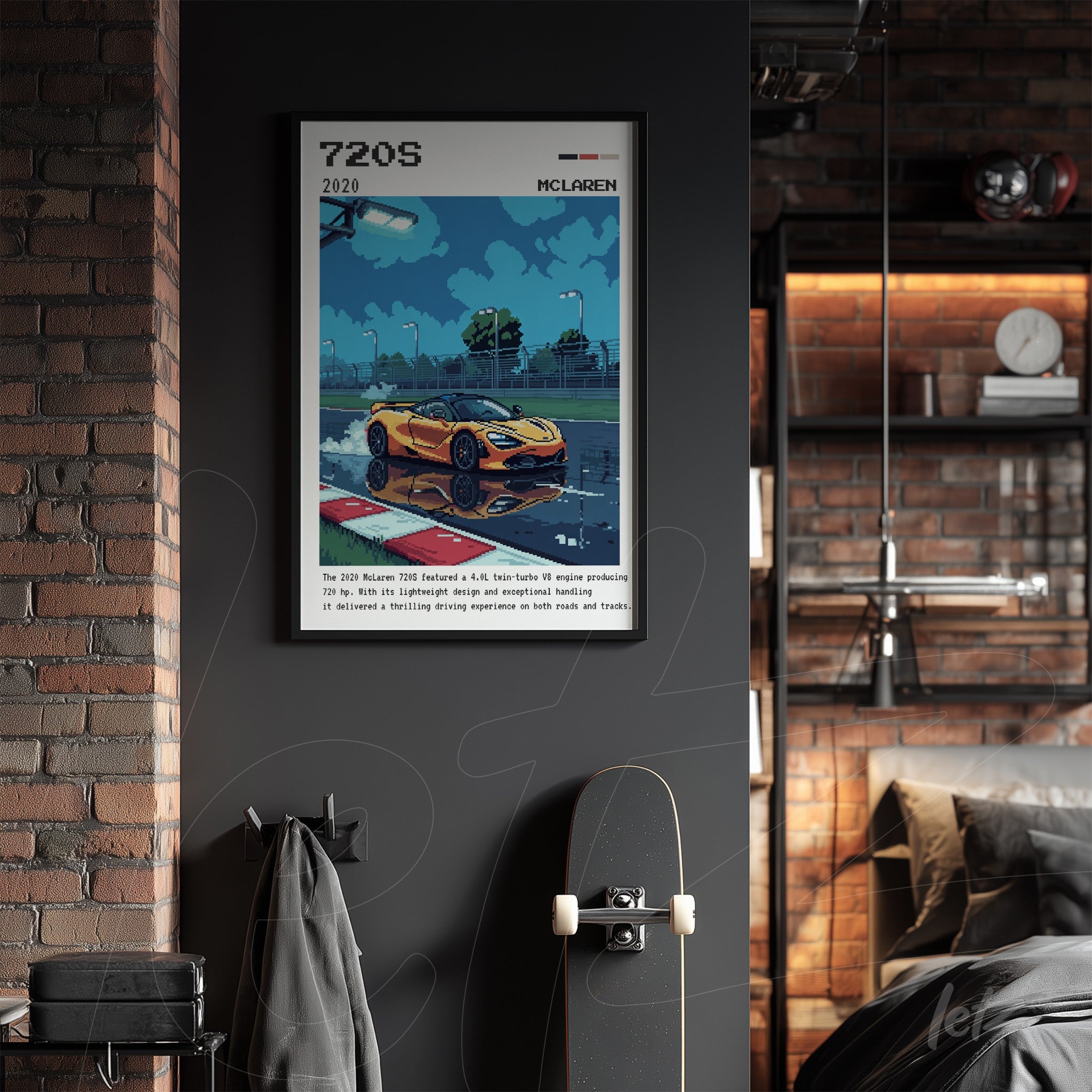 quadro com arte digital do carro McLaren 720S em moldura preta, com fundo escuro e elementos em pixel art