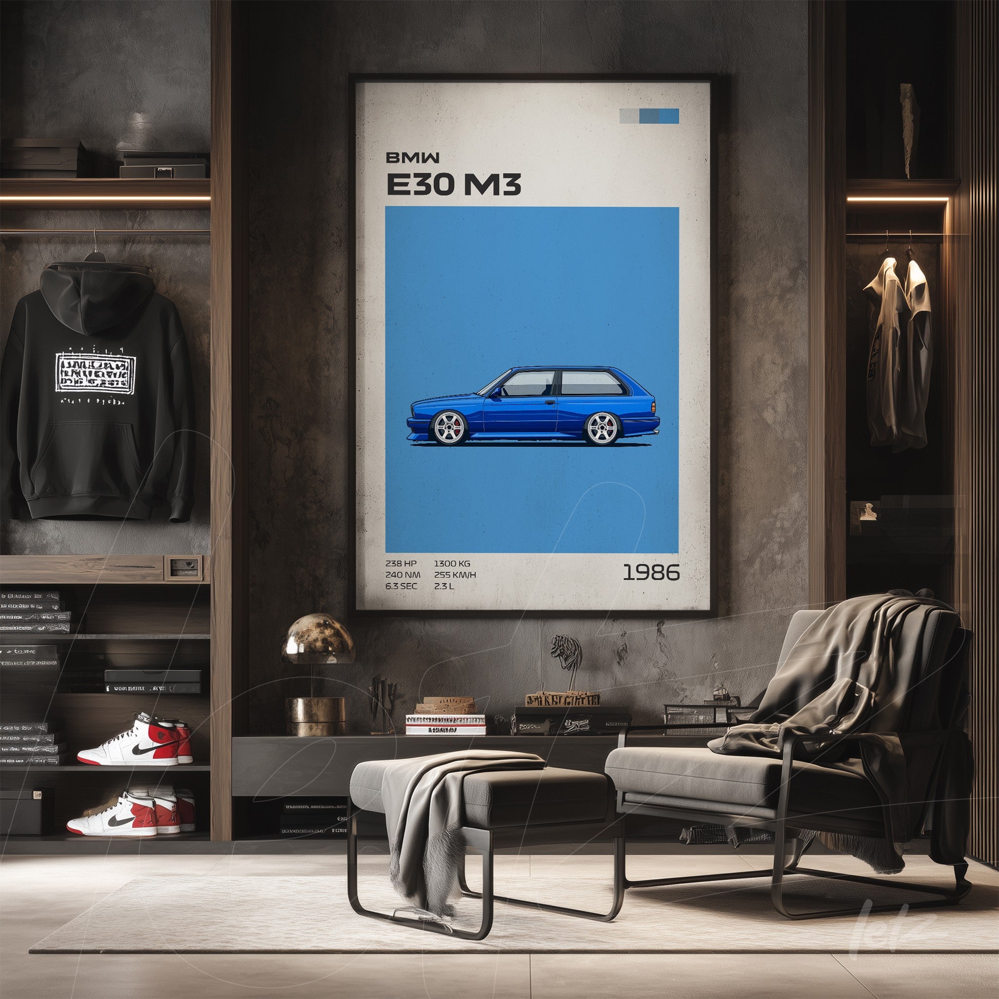 quadro com ilustração do carro BMW E30 M3 em fundo azul vibrante e moldura simples