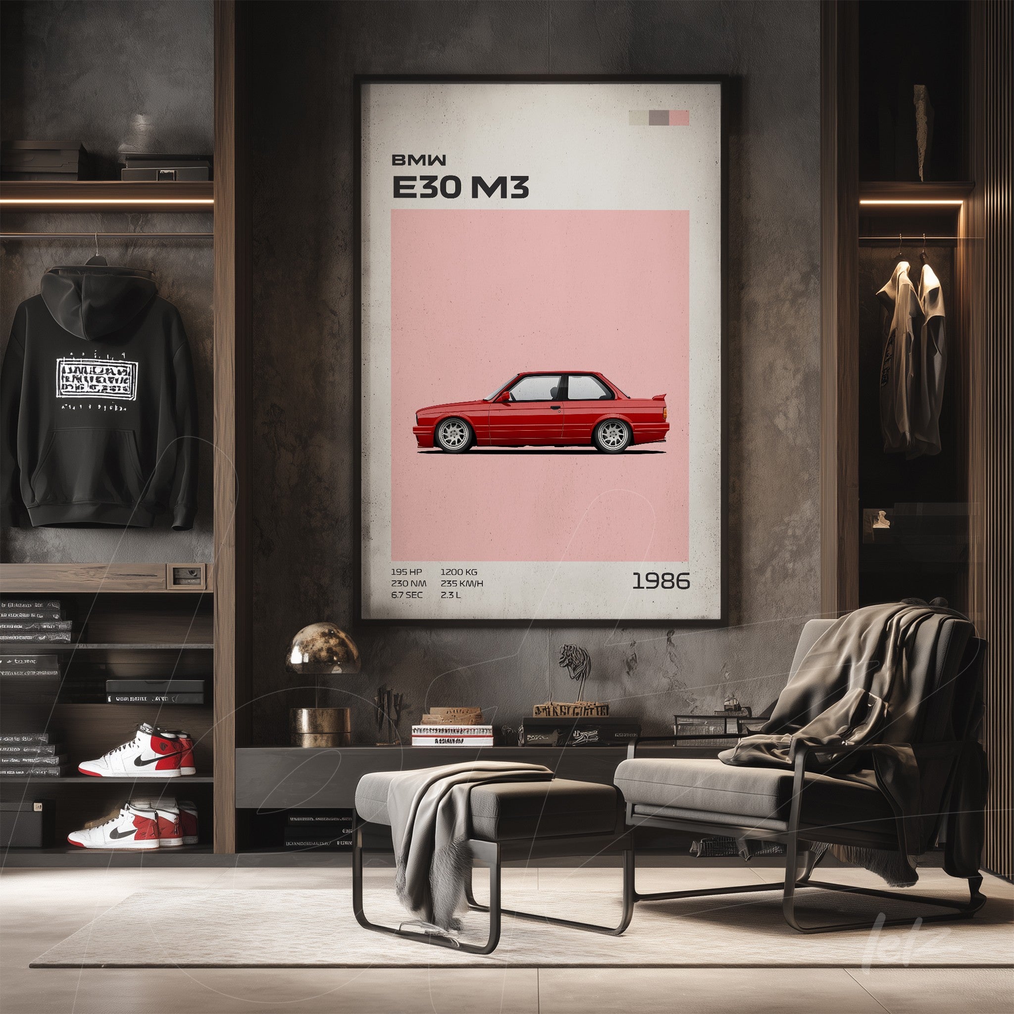 quadro com ilustração do carro BMW E30 M3 em fundo rosa, moldura moderna exposta em ambiente sofisticado