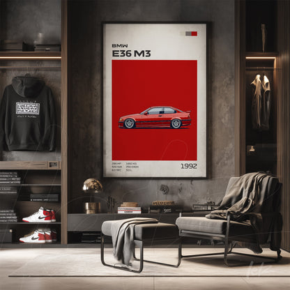 quadro emoldurado com ilustração do carro BMW E36 M3 em fundo vermelho vibrante