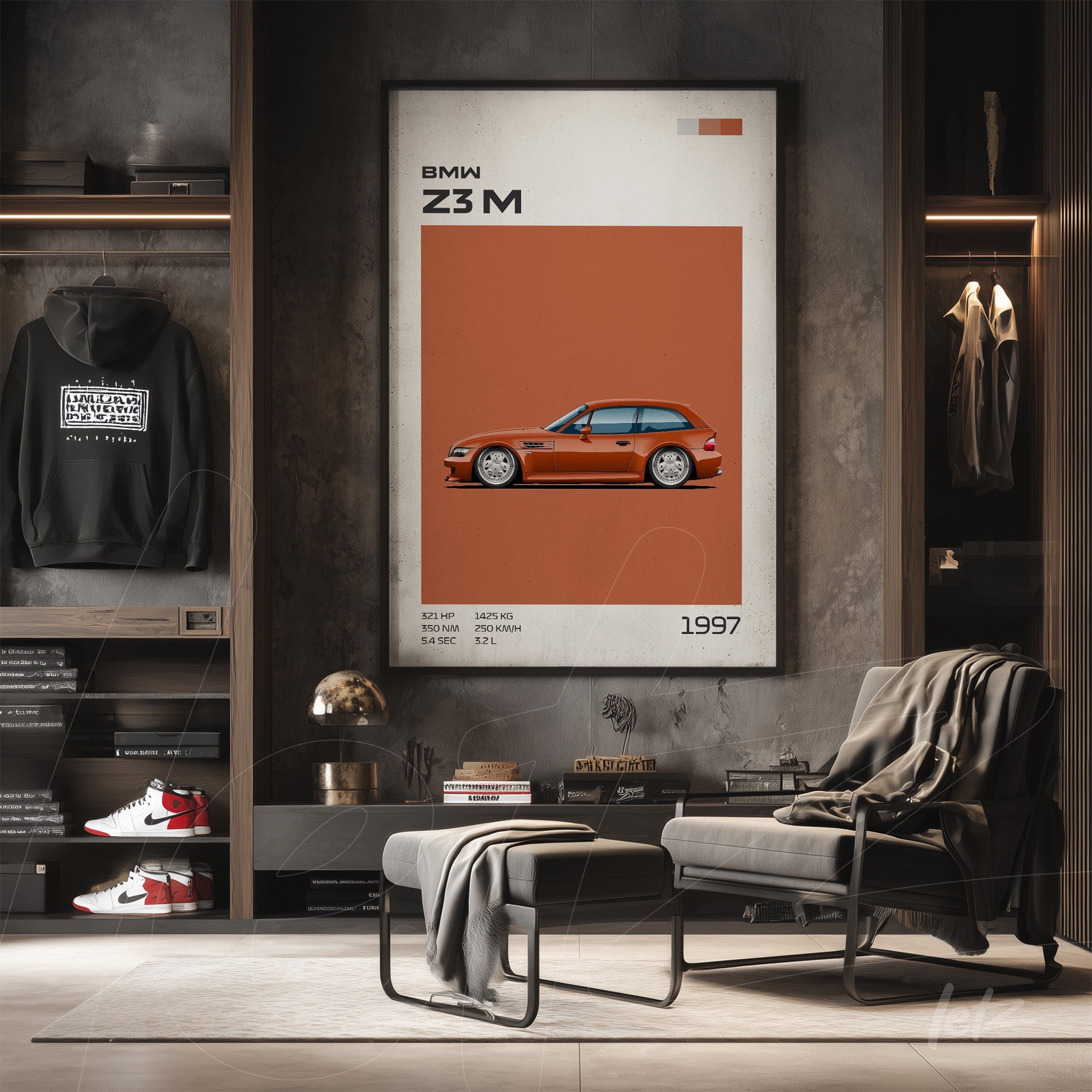 quadro com ilustração minimalista do carro BMW Z3 M em tom laranja emoldurado, apresentado em ambiente moderno e sofisticado