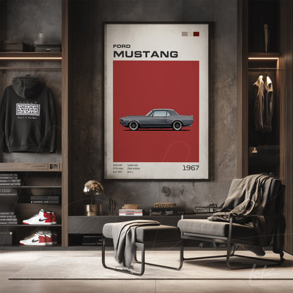 quadro decorativo retrô do carro Ford Mustang 1967 em fundo vermelho, moldura simples