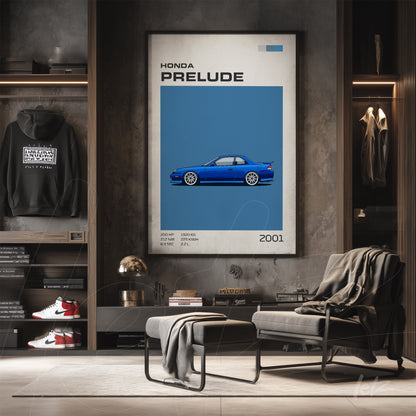 quadro com arte digital de um carro Honda Prelude azul em moldura preta sobre parede cinza