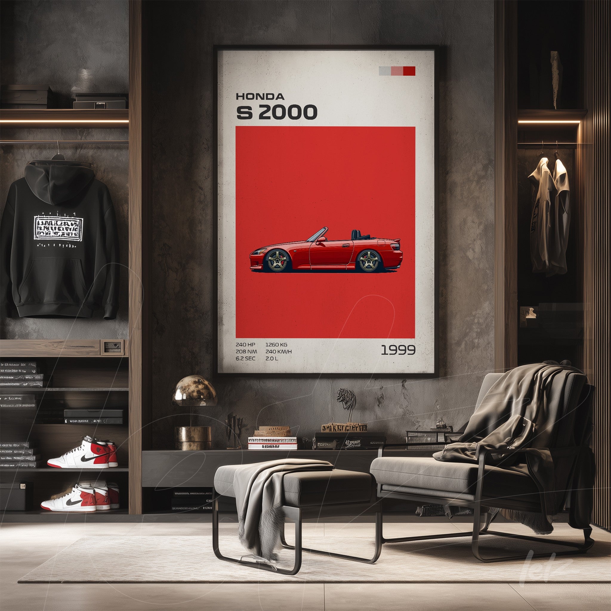 quadro com ilustração do carro Honda S2000 em fundo vermelho vibrante e moldura simples