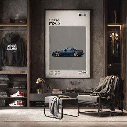 quadro emoldurado com ilustração do carro Mazda RX-7 em fundo cinza, exibido em ambiente moderno com prateleira e sofá