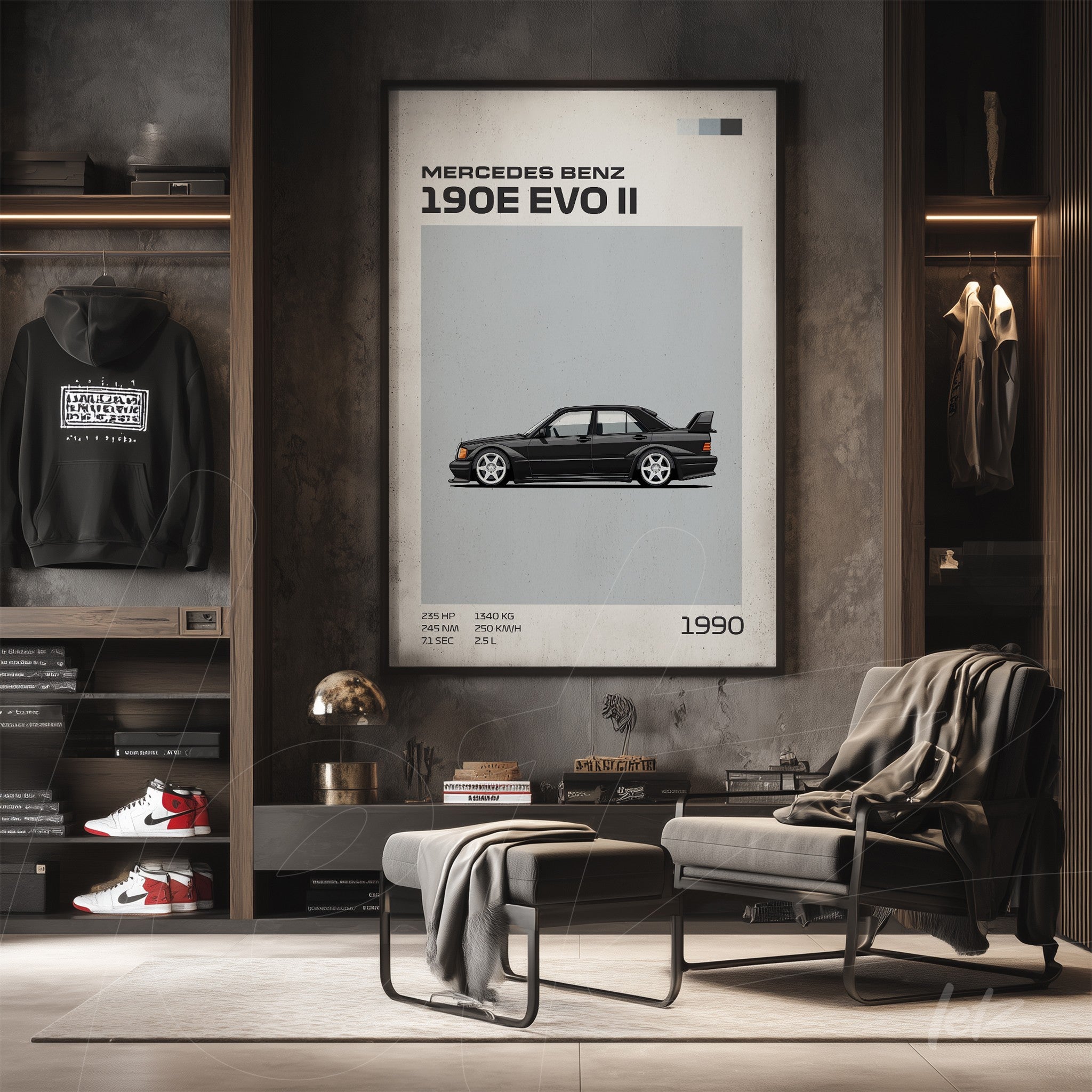 quadro em moldura clara apresentando o carro Mercedes Benz 190E EVO II em estilo minimalista sobre fundo cinza