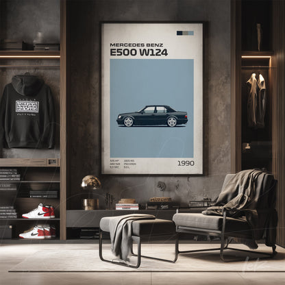 quadro decorativo com ilustração do carro Mercedes Benz E500 W124 em estilo minimalista, moldura escura e fundo azul claro