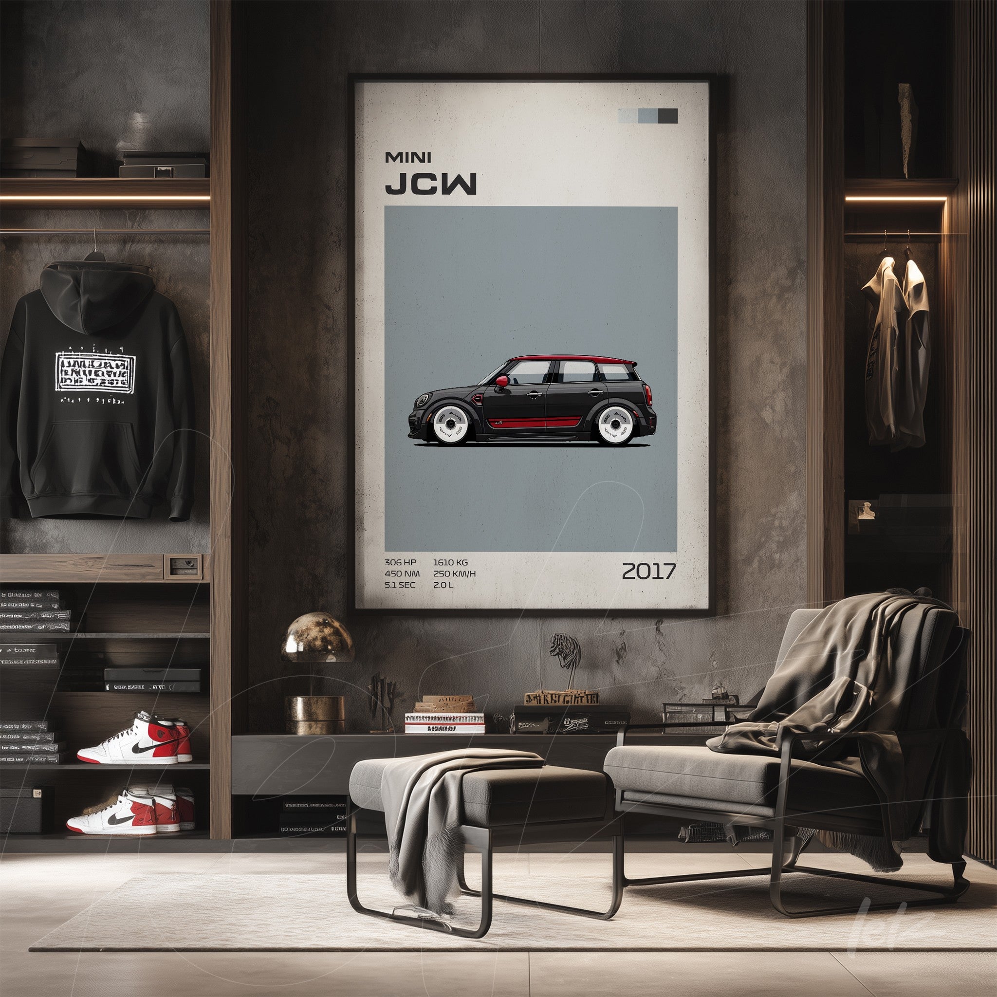 quadro decorativo com ilustração de carro Mini JCW em moldura clara sobre parede cinza