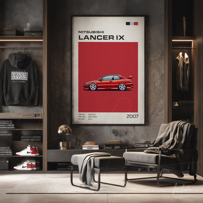 quadro com arte gráfica do Mitsubishi Lancer IX em destaque vermelho e elementos modernos em ambiente de decoração minimalista