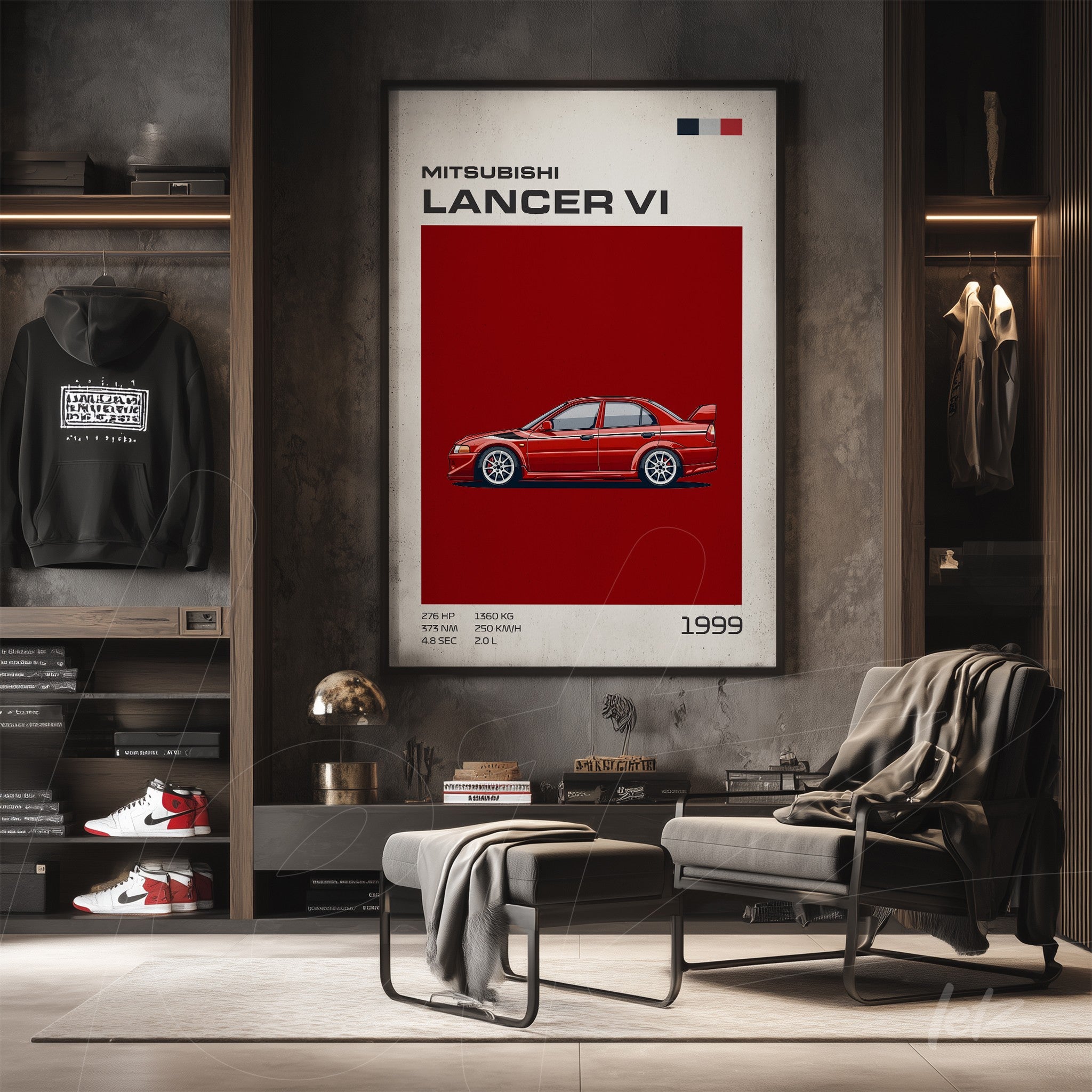 quadro em moldura clara com ilustração do Mitsubishi Lancer VI em fundo vermelho, detalhes técnicos visíveis