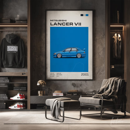 quadro em moldura branca com ilustração do carro Mitsubishi Lancer VII em fundo azul vibrante, exposto em ambiente moderno com prateleiras e cadeira