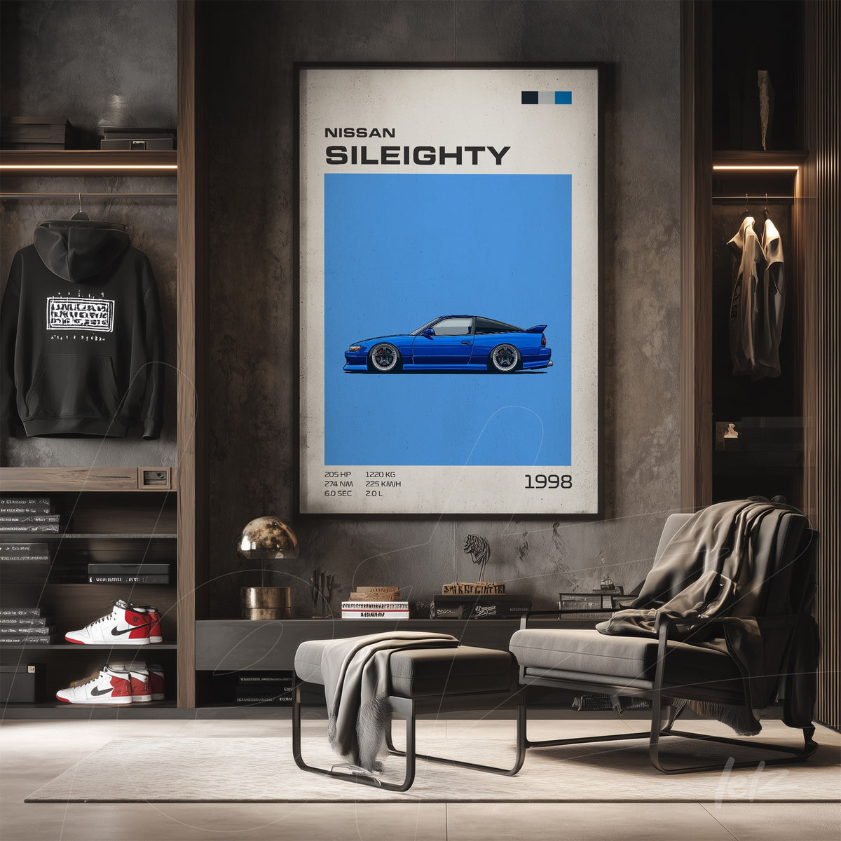 quadro com arte digital de um carro Nissan Silvia Sileighty em fundo azul, moldura simples e moderna