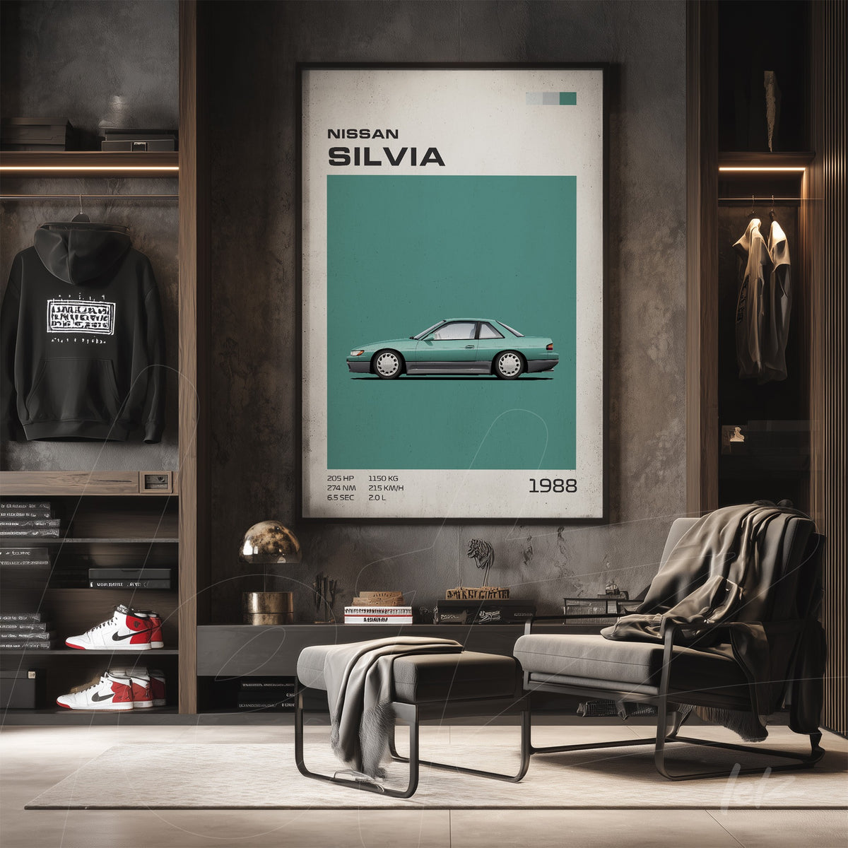 quadro com arte digital do carro Nissan Silvia de 1988 em fundo teal, moldura branca
