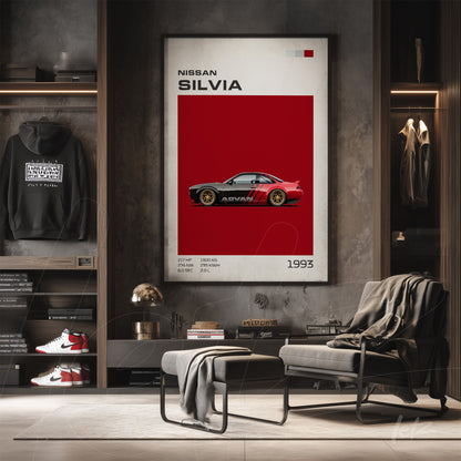 quadro com arte digital de um carro Nissan Silvia em vermelho, exibido em uma parede de concreto moderno, moldura clara