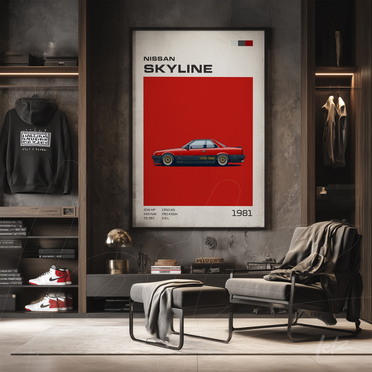 quadro decorativo com ilustração de carro Nissan Skyline em fundo vermelho e moldura minimalista