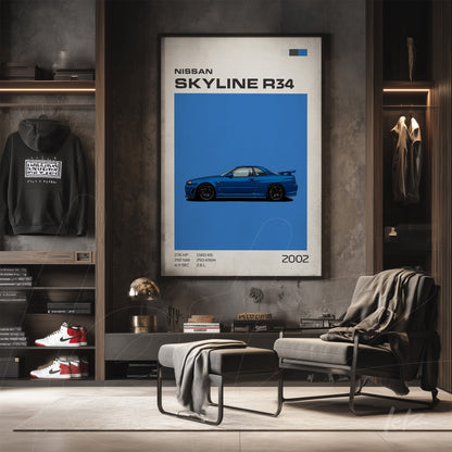 quadro emoldurado do Nissan Skyline R34 com fundo azul vibrante e estilo gráfico moderno