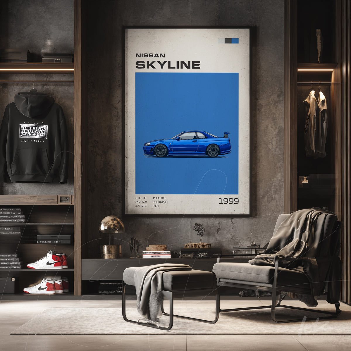 quadro com arte digital do carro Nissan Skyline em fundo azul com moldura clara, apresentado em um ambiente moderno