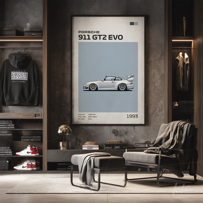 quadro com ilustração do Porsche 911 GT2 Evo em estilo minimalista, com moldura clara, exibido em ambiente moderno com prateleira de madeira e roupa ao fundo