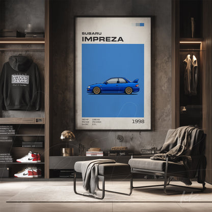 quadro com arte digital de um carro Subaru Impreza em destaque sobre fundo azul, moldura clara e informações do modelo em texto