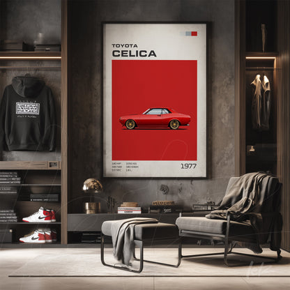 quadro emoldurado de carro esportivo Toyota Celica 1977 com fundo vermelho intenso