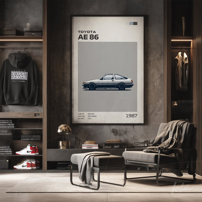 quadro com arte digital do carro Toyota AE 86 em moldura minimalista, exibido em um ambiente moderno