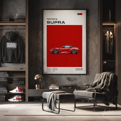 quadro com arte minimalista do carro Toyota Supra em fundo vermelho, moldura elegante
