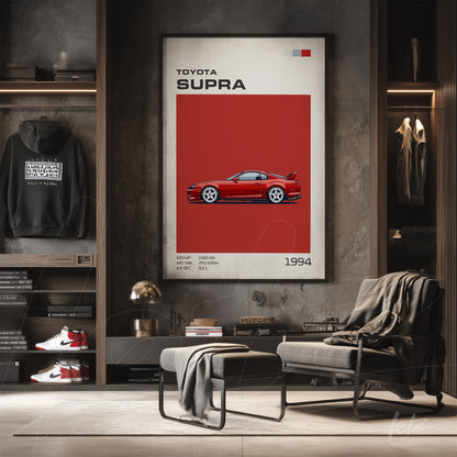 quadro com arte digital do carro esportivo Toyota Supra em fundo vermelho, com elementos gráficos em estilo retrô e moldura clara
