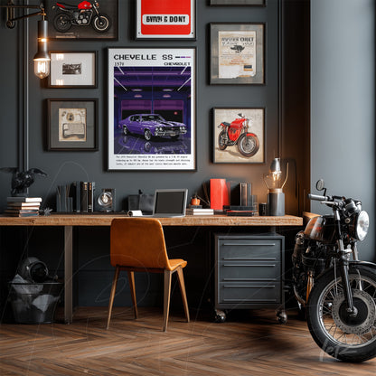 ambiente de escritório moderno com mesa de madeira e cadeira em couro, decoração vintage incluindo quadro de carro Chevrolet Chevelle SS 1970 na parede escura