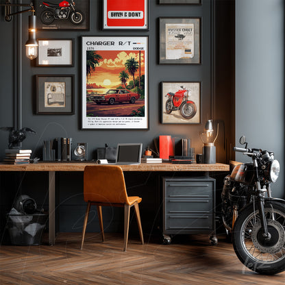 quadro decorativo retrô com ilustração do Dodge Charger R/T 1970 em moldura preta, exposto em uma parede cinza com temática automobilística