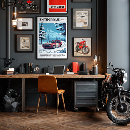 quadro decorativo de carro Lancia Delta Integrale em meio a uma coleção de objetos vintage em uma parede cinza