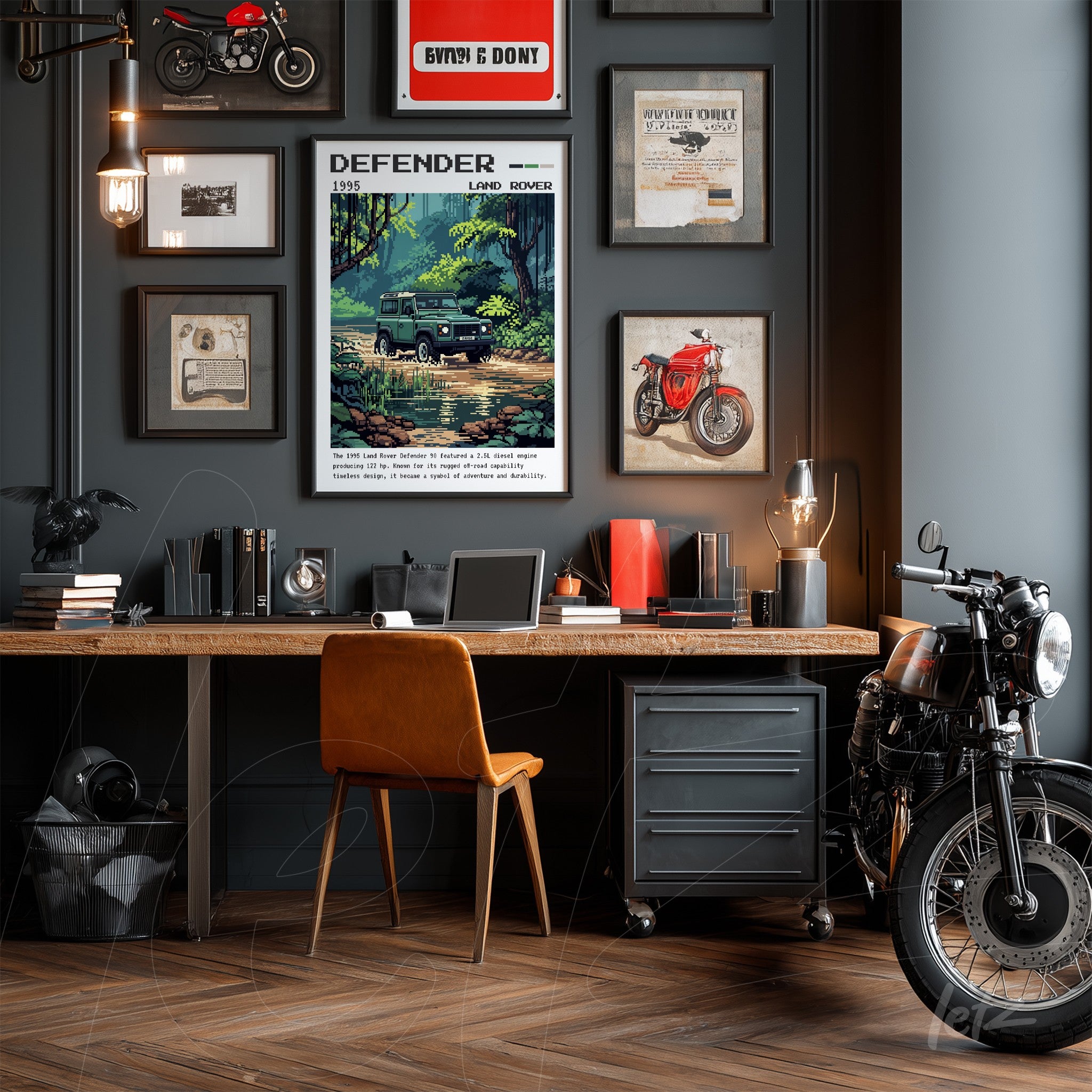 composição de quadros vintage em parede cinza com arte do carro Defender 1995 em destaque