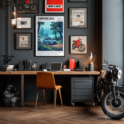 composição com quadros de arte vintage sobre parede escura, incluindo ilustração do carro Subaru Impreza em destaque
