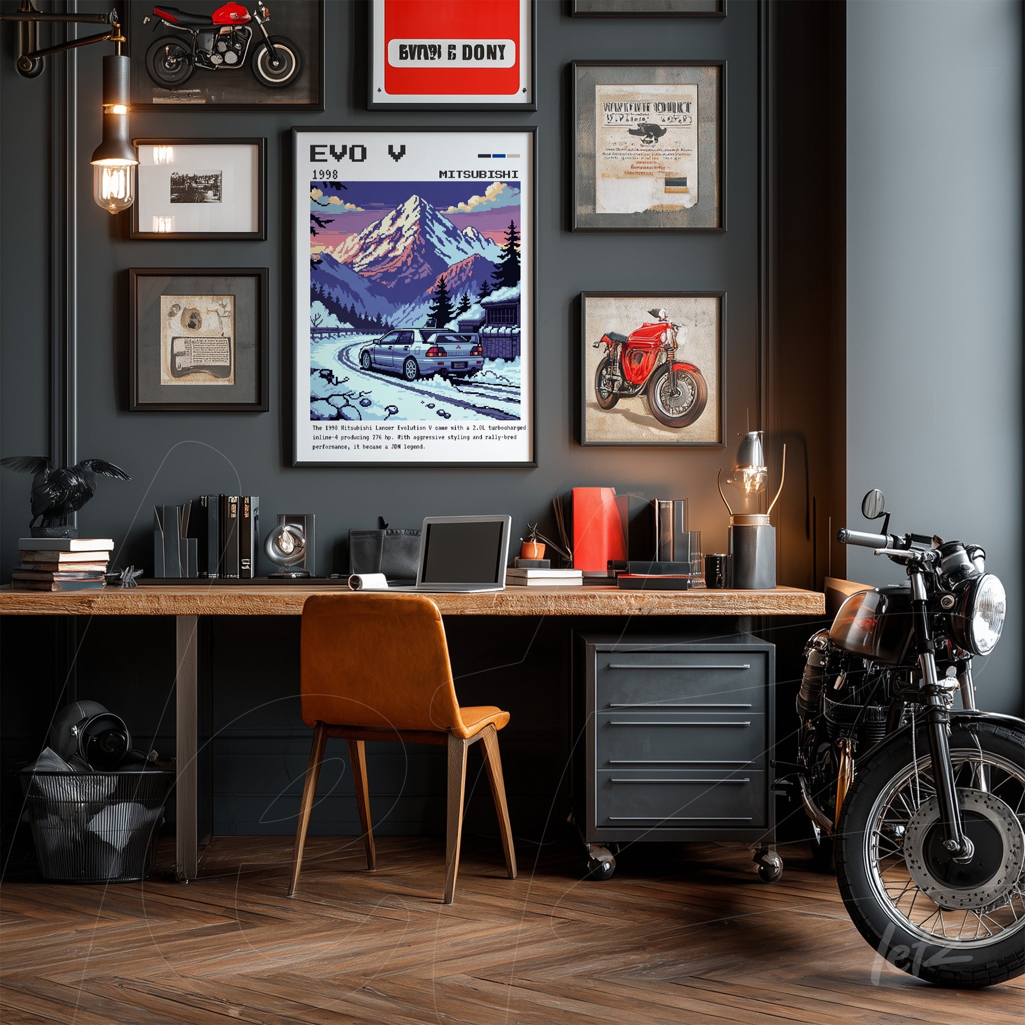 composição de quadros decorativos com tema de motos em parede cinza, incluindo arte de montanhas e carro, objetos vintage e mesa de madeira