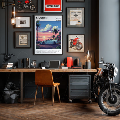 quadro com arte vintage do carro Honda S2000 emoldurado na parede de um escritório moderno, rodeado por outras fotos e ilustrações em molduras variadas