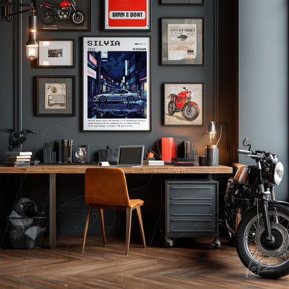 quadro de arte digital com ilustração de um carro esportivo em um cenário urbano, emoldurado e exibido em parede cinza com outras peças decorativas