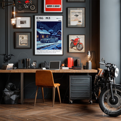 quadro com arte digital do carro E46 M3 em estilo retrô, exposto em uma parede escura com várias molduras ao redor