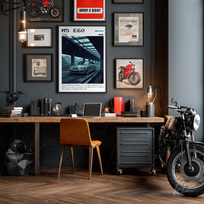 composição de quadros decorativos em um escritório moderno com fundo cinza, incluindo uma arte do carro BMW M5 e imagens de motos emolduradas, mesa de madeira clara com cadeira de couro marrom e uma moto clássica ao lado