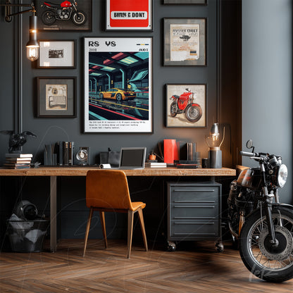 composição de quadros decorativos em parede escura com arte de carro esportivo em destaque, mesa de madeira com cadeira laranja e motocicleta vintage ao lado