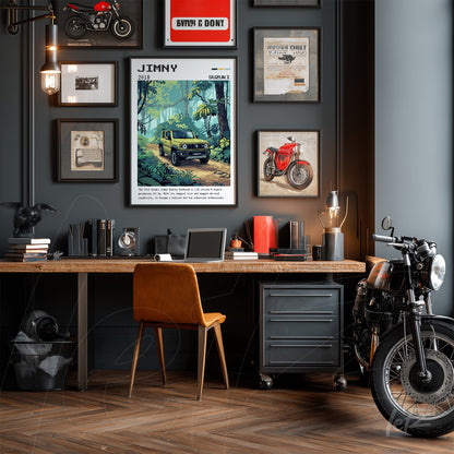 ambiente de escritório com série de quadros decorativos em uma parede cinza, incluindo arte digital de um veículo off-road em moldura preta