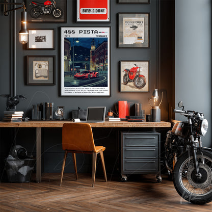 composição de quadros decorativos vintage sobre parede cinza, com destaque para quadro de carro esportivo vermelho em estilo retro e moldura preta, mesa de madeira rústica e motocicleta preta ao lado