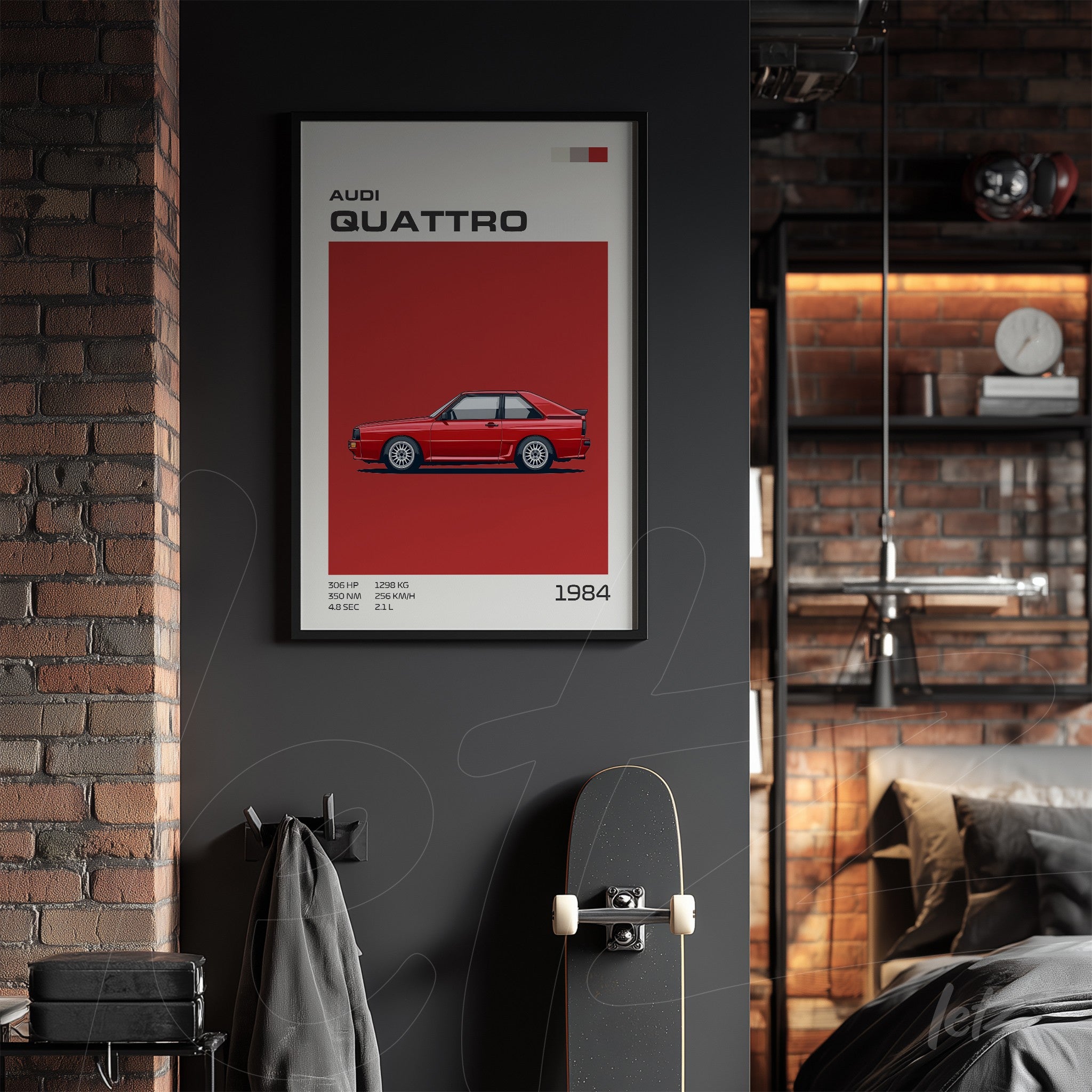 quadro com arte digital do carro Audi Quattro em moldura preta sobre parede escura