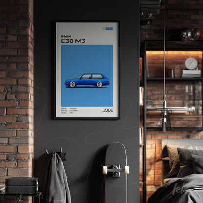 quadro com ilustração detalhada do carro BMW E30 M3 em fundo azul, com moldura preta em ambiente moderno