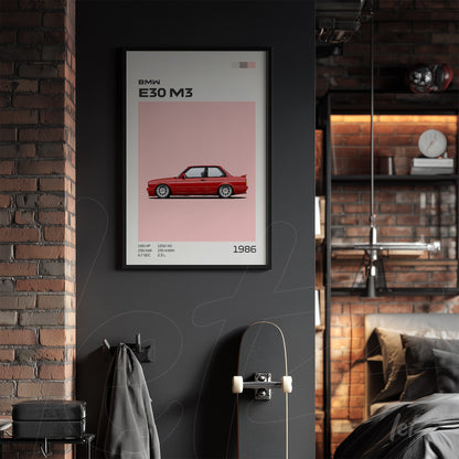 quadro com arte digital do carro BMW E30 M3 em moldura preta, exibido sobre parede escura
